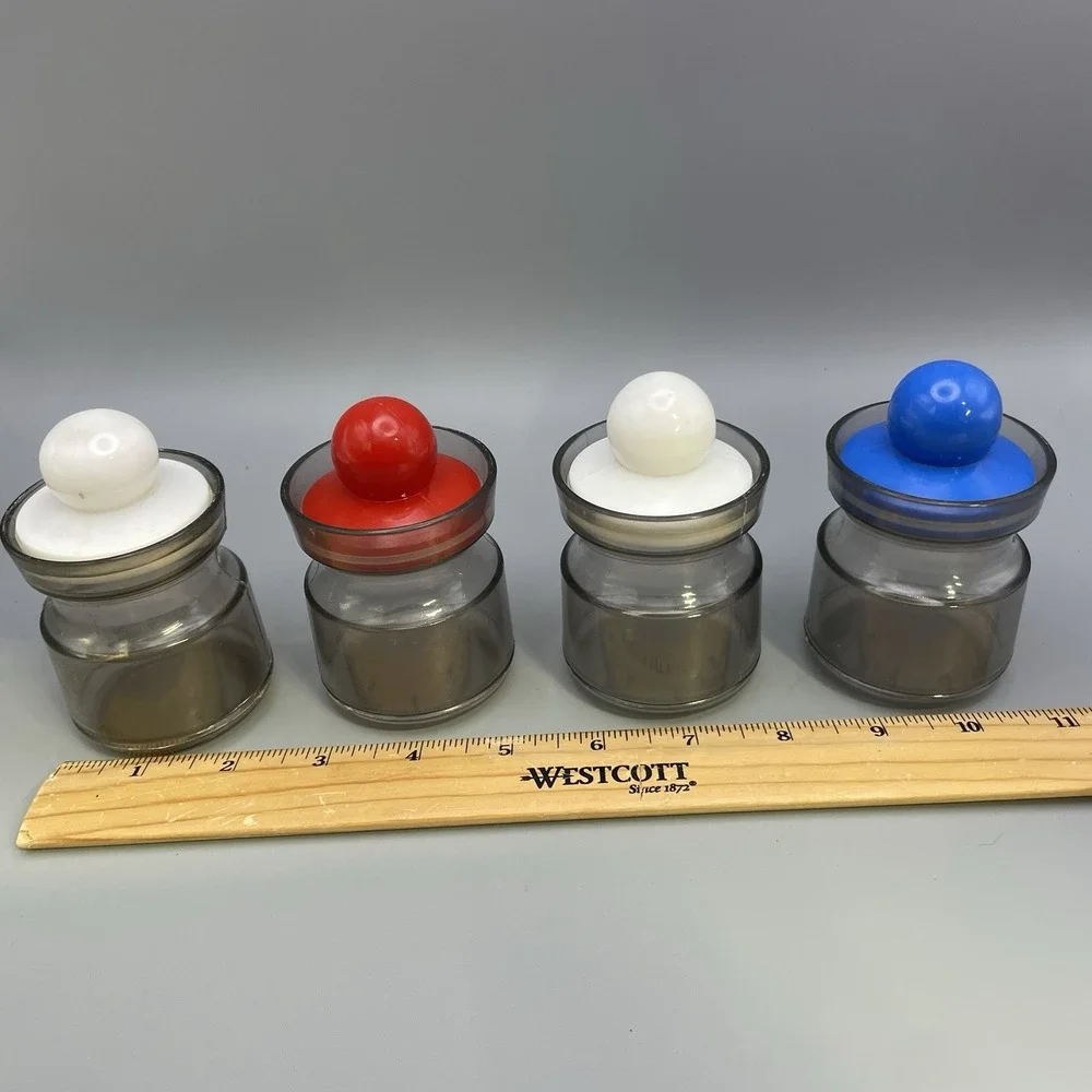 Vtg 4 MCM Storage Jars Desk Organization Red Blue White‎ Ball Lids Retro *Read